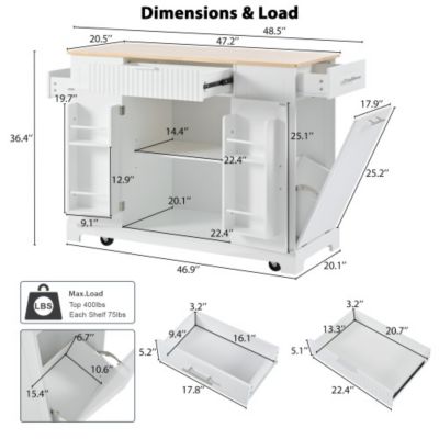K K Fluted Kitchen Island with Trash Can Storage Power Outlet 3 Drawers Open Side Racks 5 Wheels White