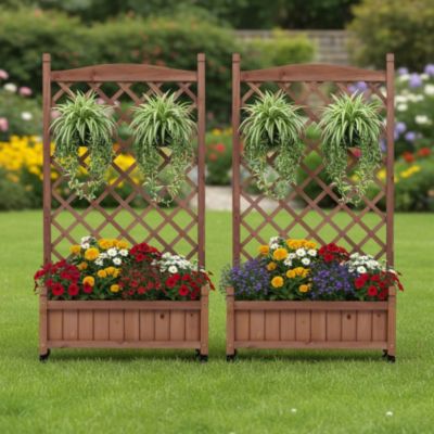 Raised Garden Bed with Trellis 2 Pack Outdoor Wooden Planter Box Plant Stand with Climbing Racks Natural Wood