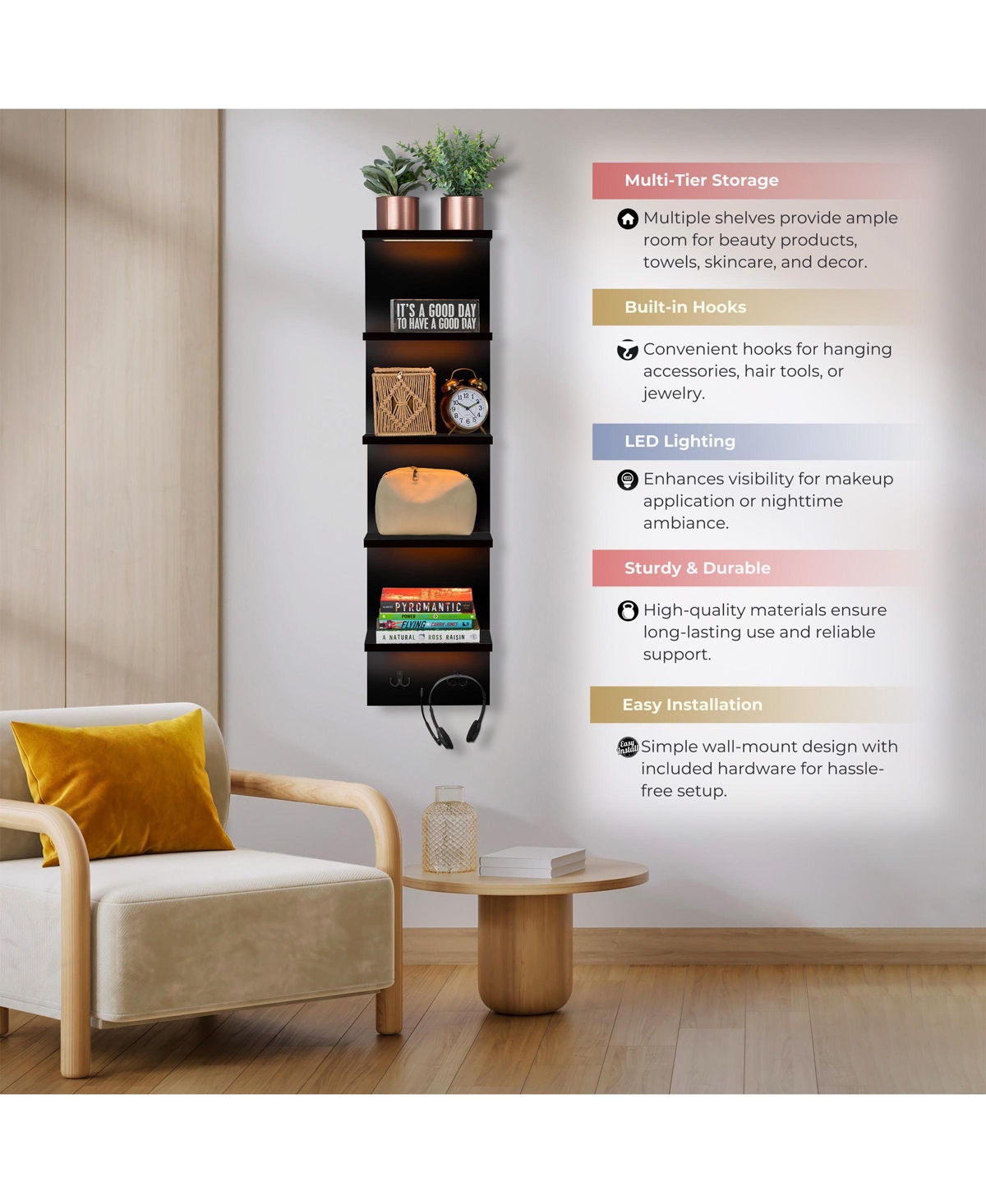 Sorbus 5 Tier Wall Mounted Floating Shelf Unit with Led Lights - Home Decor and Storage Organizer