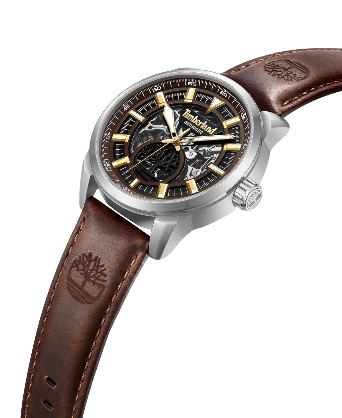 Timberland Men's Automatic Brown Dark Genuine Leather Watch, 44mm In Brown Dark