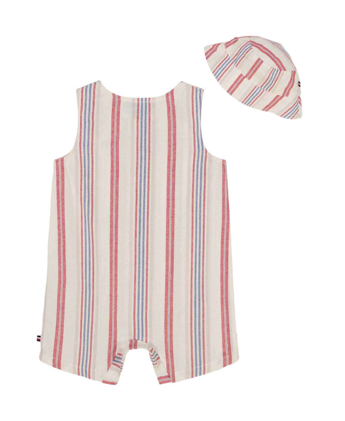 Tommy Hilfiger Baby Boy 2-piece Striped Gauze Sleeveless Romper Bucket Hat Set In Red And Blue Stripes