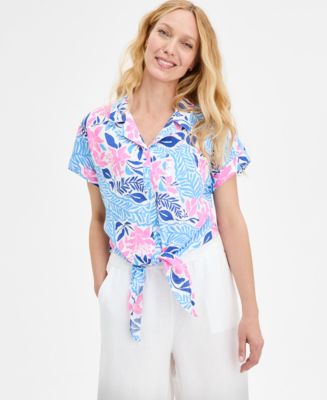 売れ筋商品|||チャータークラブ カットソー トップス レディース Women's 100% Linen Tie-Front Shirt, Created for Macy's Bright White Charter Club Women's Floral-Print 100% Linen Tie-Front Top