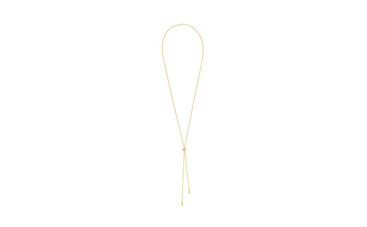 Beaded Chain Lariat Necklace with Cz Accent - Gold with clear cz