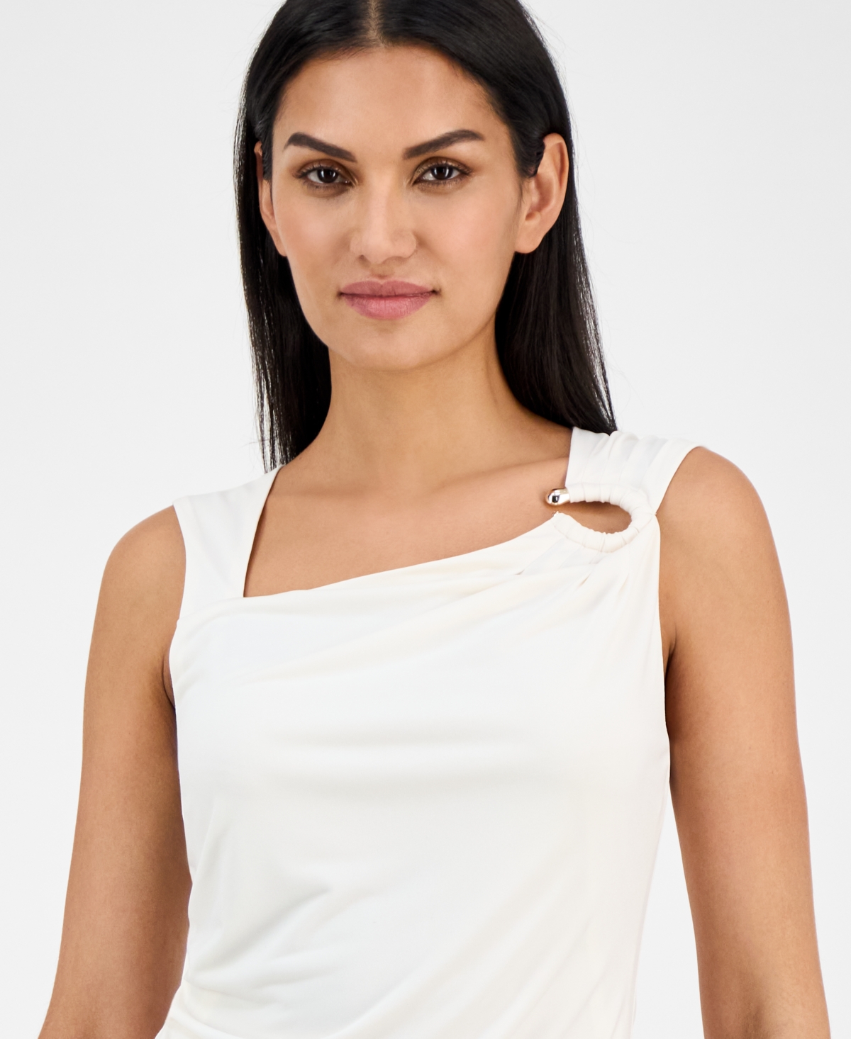 Anne Klein Asymmetric Ruched Tank In White Dove