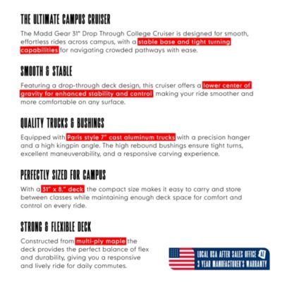 31" x 8" 8-Ply Maple Deck Glide Drop Through Longboard Skateboard for Ages 5+ Max 220 lbs, 70mm Wheels, ABEC-7 Bearings