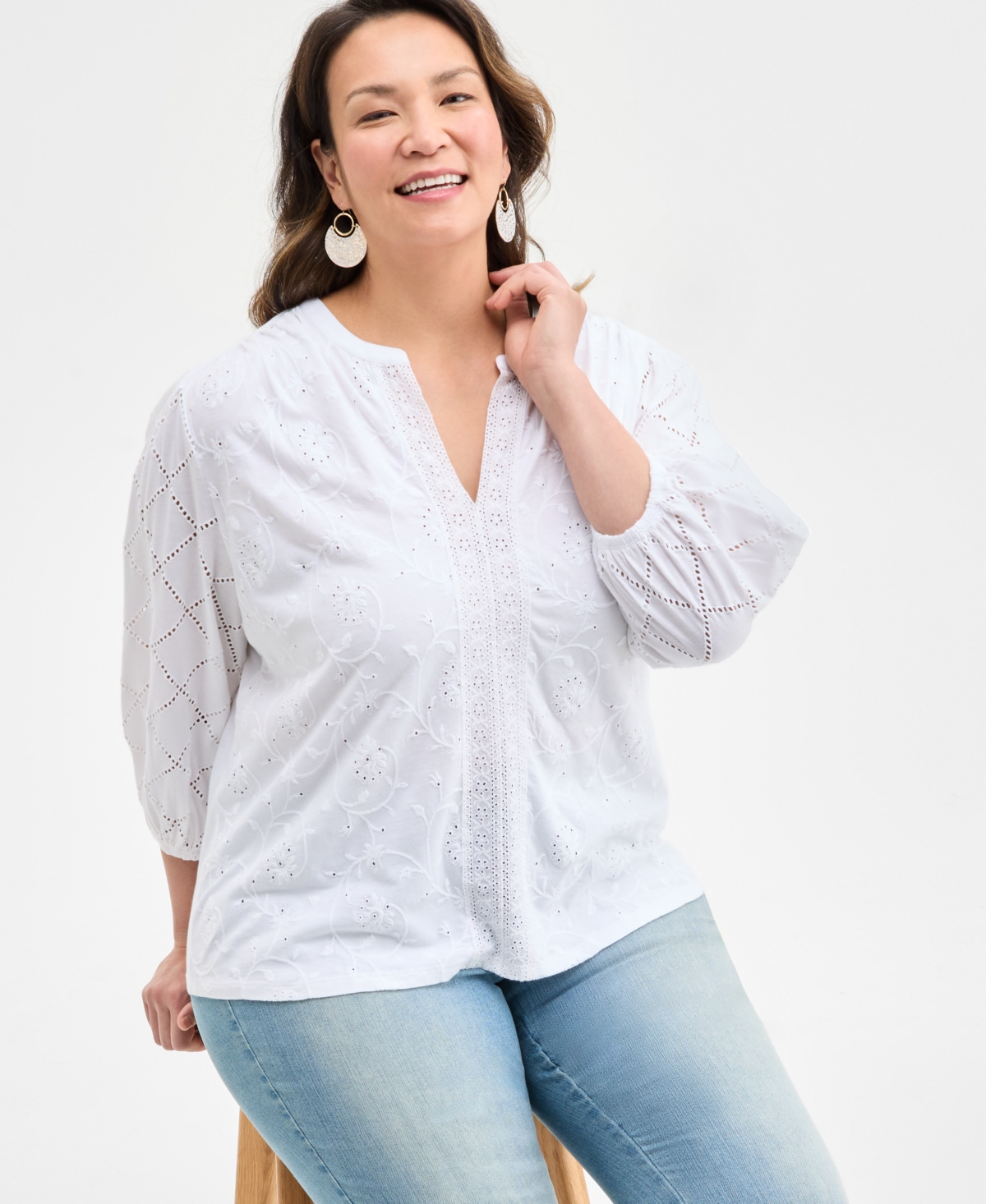 Style & Co Plus Size Solid Split-neck Eyelet Top, Exclusively At Macy's In White
