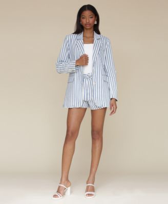 Avec Les Filles Womens Oversized Striped Blazer Belted Cuffed Striped Shorts In Medium Blue,white Stripe