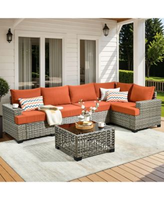 Outdoor Patio Furniture Set,6 Pieces Rattan Sectional Patio Furniture Set,Outside Coversation Set with Extra Deep Outdoor Sofa Couch and Solar Coffee Table for Porch Balcony Backyard Deck Poolside
