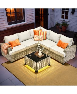 Outdoor Patio Furniture Set,6 Pieces Rattan Sectional Patio Furniture Set,Outside Coversation Set with Extra Deep Outdoor Sofa Couch and Solar Coffee Table for Porch Balcony Backyard Deck Poolside