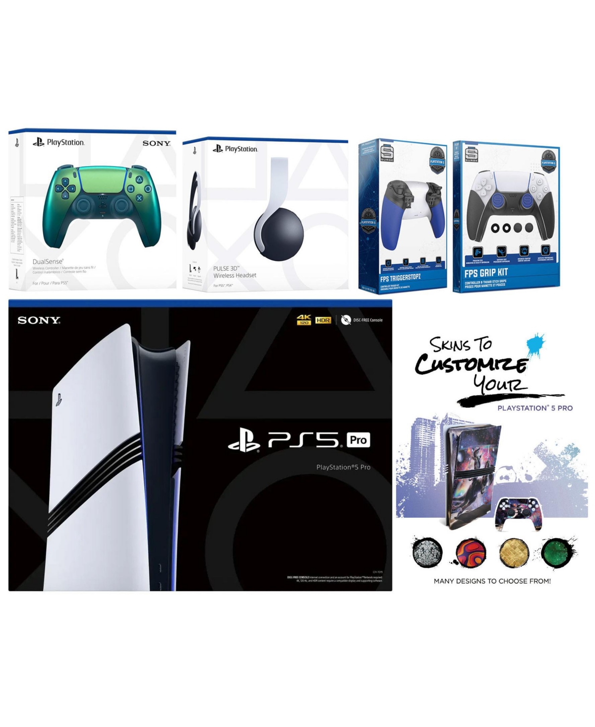 Sony Playstation 5 Pro Bundle with White Pulse Headset, Extra Cosmic Red Controller, Trigger Stop Kit, Fps Grip Kit and MightySkins Decal Voucher - Ch