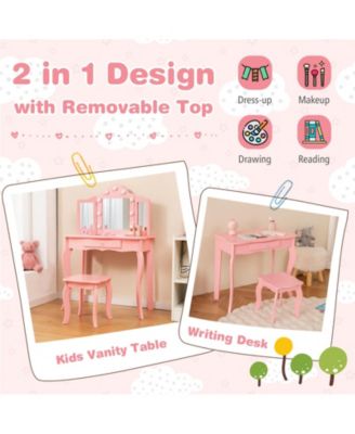 Kid Vanity Table Stool Set with Tri-Folding Mirror and 3-Color LED Lights