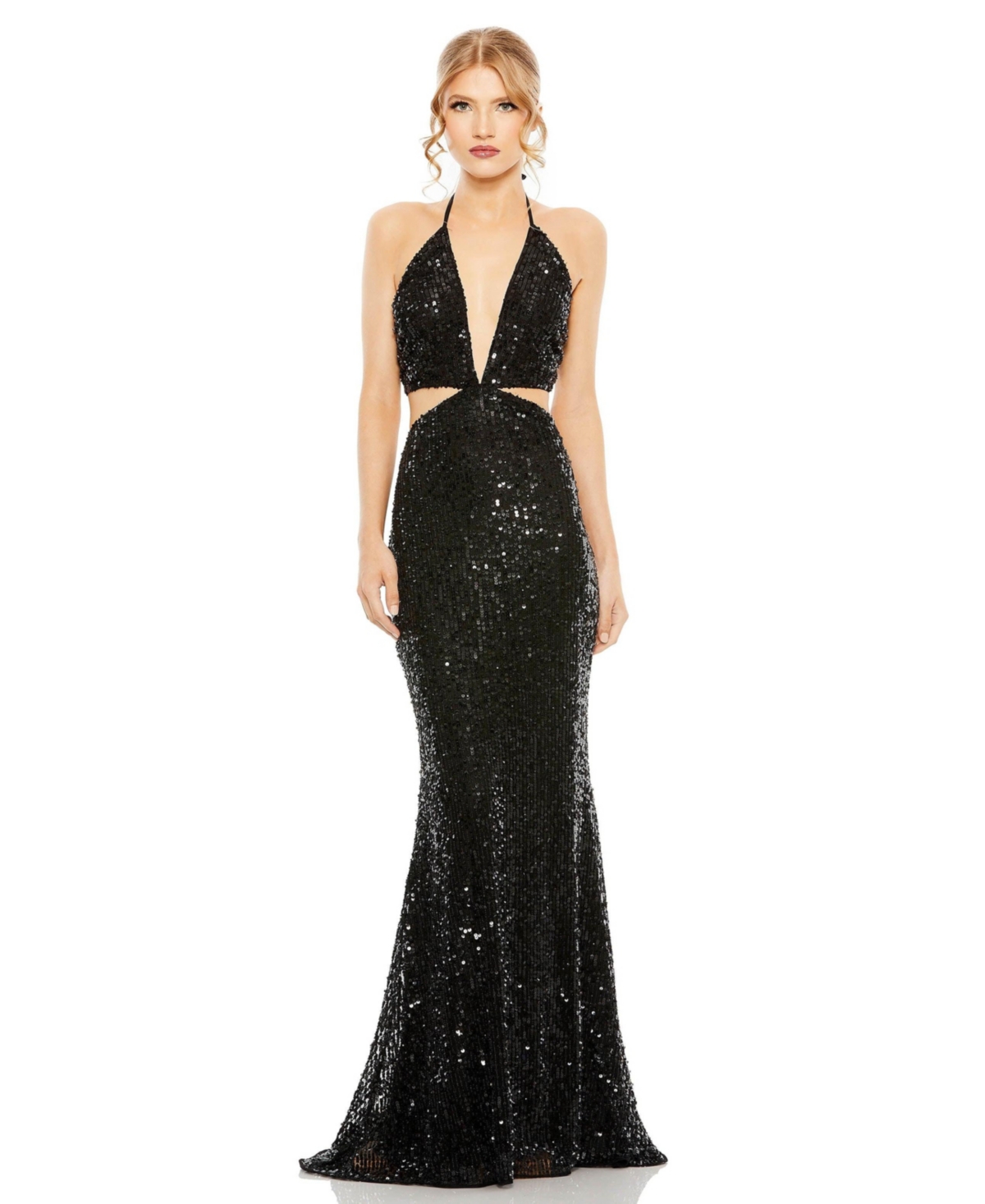Women's Cut Out Halter Tie Back Sequin Gown - Black