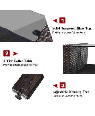 4PCS Patio Rattan Furniture Set Loveseat Sofa Coffee Table Garden W/Red Cushion