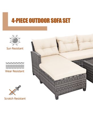4 Piece Rattan Outdoor Conversation Sectional Sofa Set Patio Furniture Set w/ Cushions