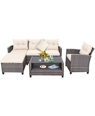 4 Piece Rattan Outdoor Conversation Sectional Sofa Set Patio Furniture Set w/ Cushions