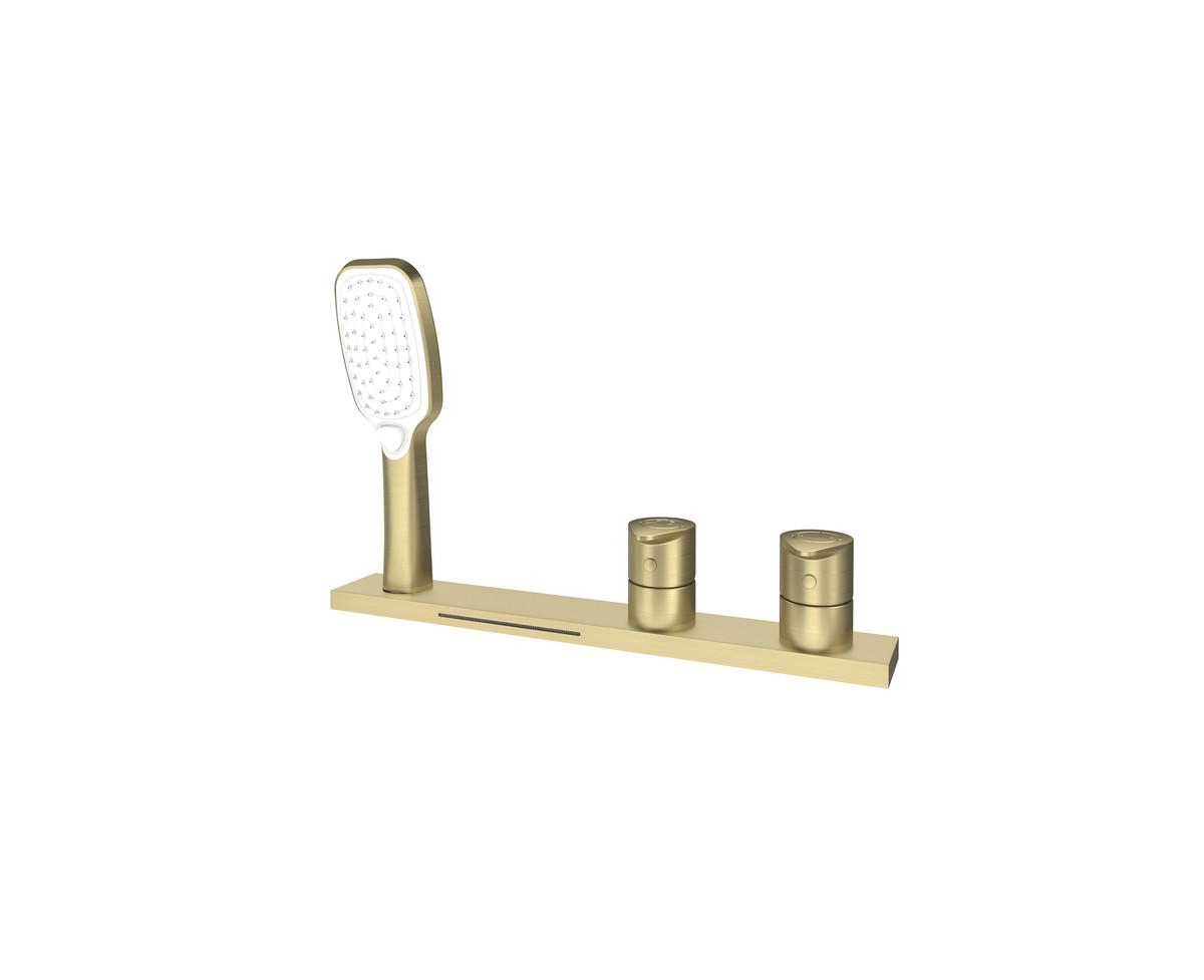 2 Handles Deck Mounted Bathroom Tub Faucet Trim with Handshower - Brushed gold