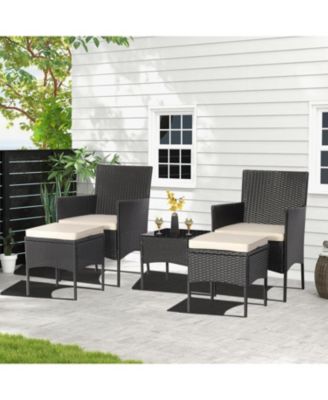 5 Piece Patio Rattan Conversation Set Outdoor Wicker Sofa Set  with 2 Ottomans