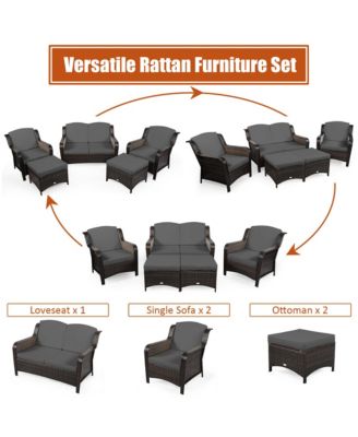 5 Piece Outdoor Patio Rattan Conversation Sofa Furniture Set w/ Cushions