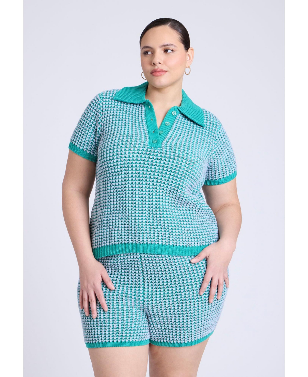 Plus Size Knitted Easy Polo - Green and blue