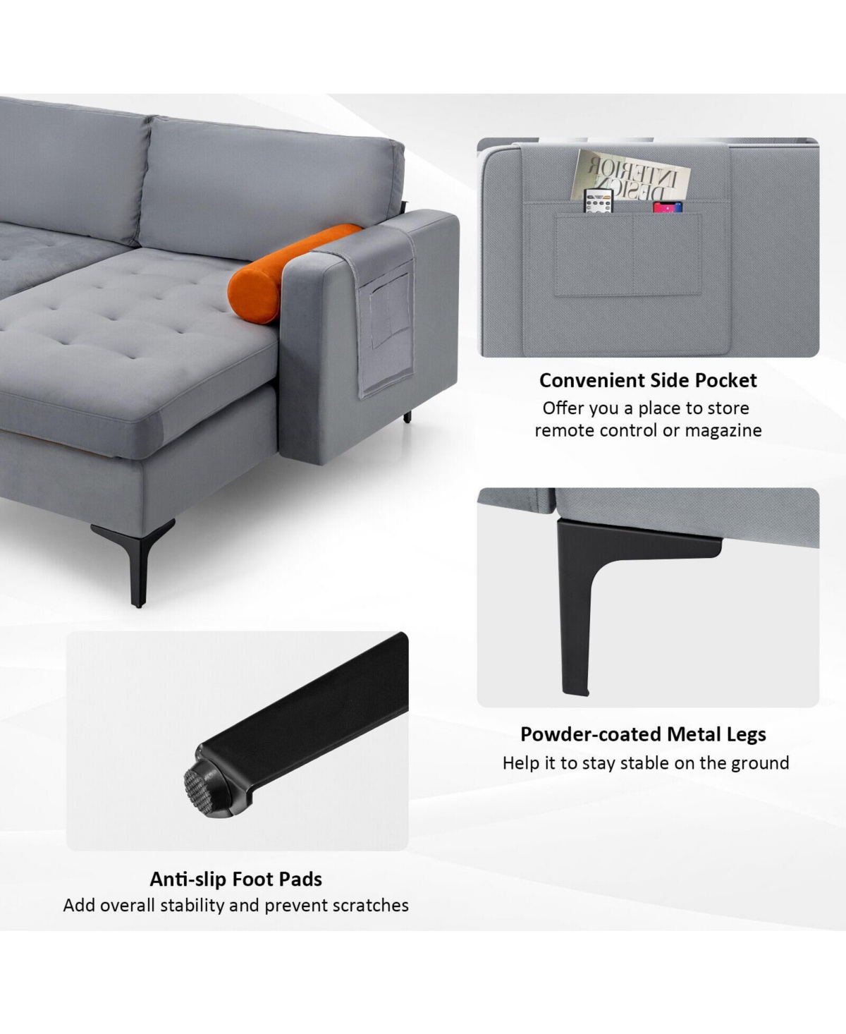 Modular L-shaped 3-Seat Sectional Sofa with Reversible Chaise and 2 Usb Ports