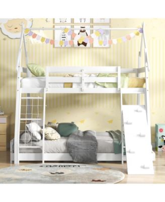 Twin Over Queen Bunk Bed Wooden Kids Bed with Climbing Nets and Ramp