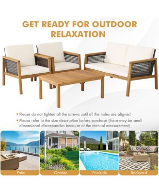 4 Piece Patio PE Rattan Conversation Set Acacia Wood Furniture Set  w/ Cushions