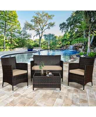 Set of 4 Outdoor Patio Rattan Conversation Furniture Set w/ Cushion Table