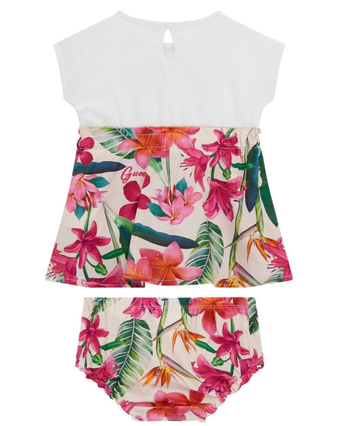 Shop Guess Baby Girls 2-piece Mixed Fabric Short Sleeve Dress With Printed Bloomer Set In Multi