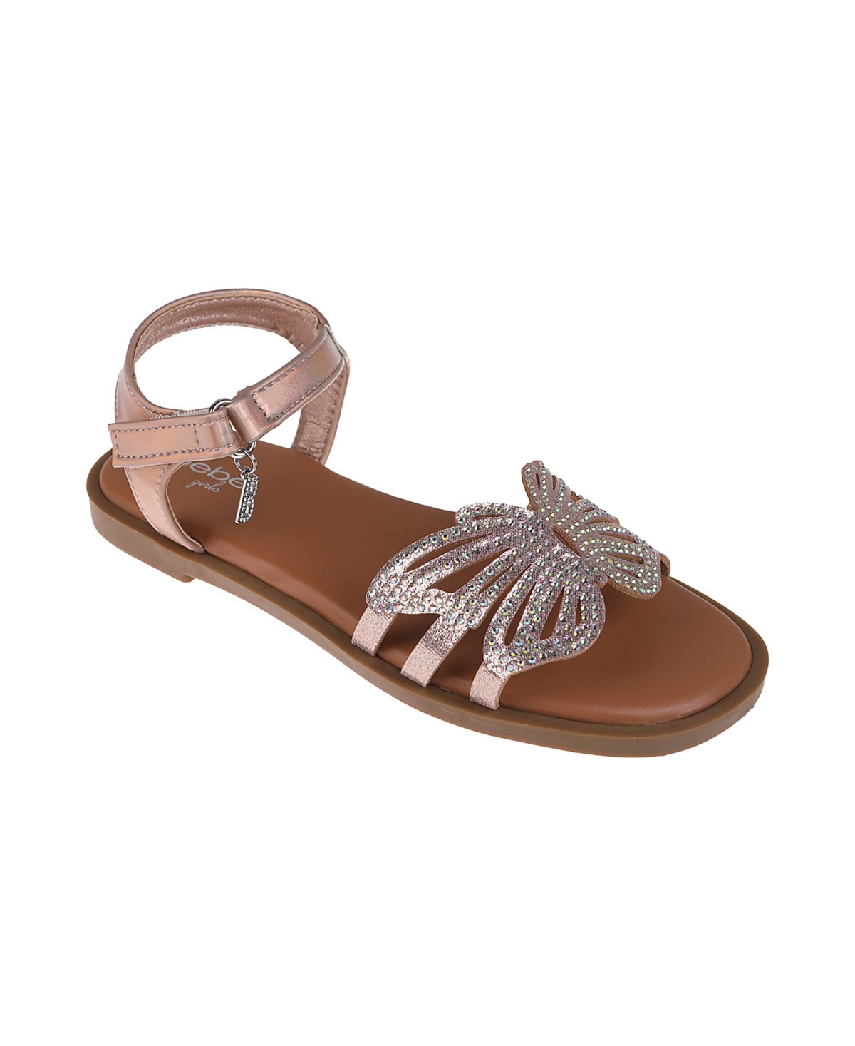 Bebe Little Girls Flat With Butterfly Rhinestone Welt Sandals In Rose Gold