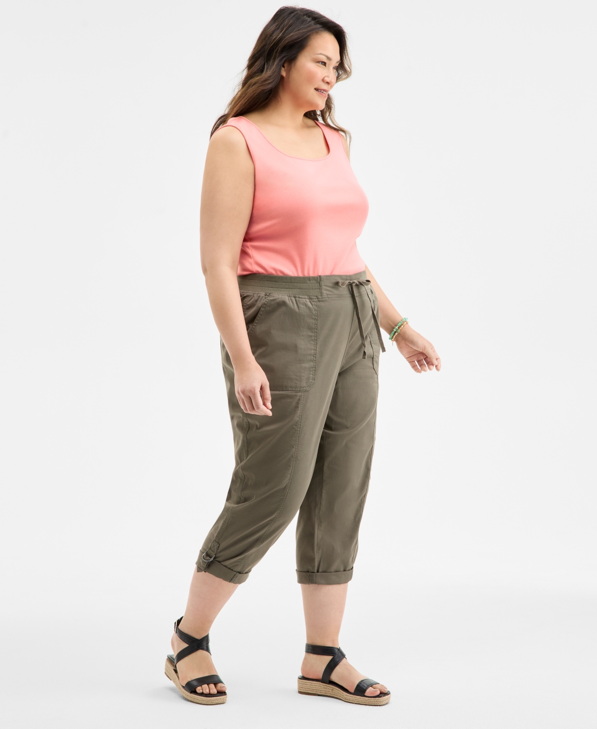 Style & Co Plus Size D-ring Cuffed Capri Pants, Exclusively At Macy's In Olive Drab