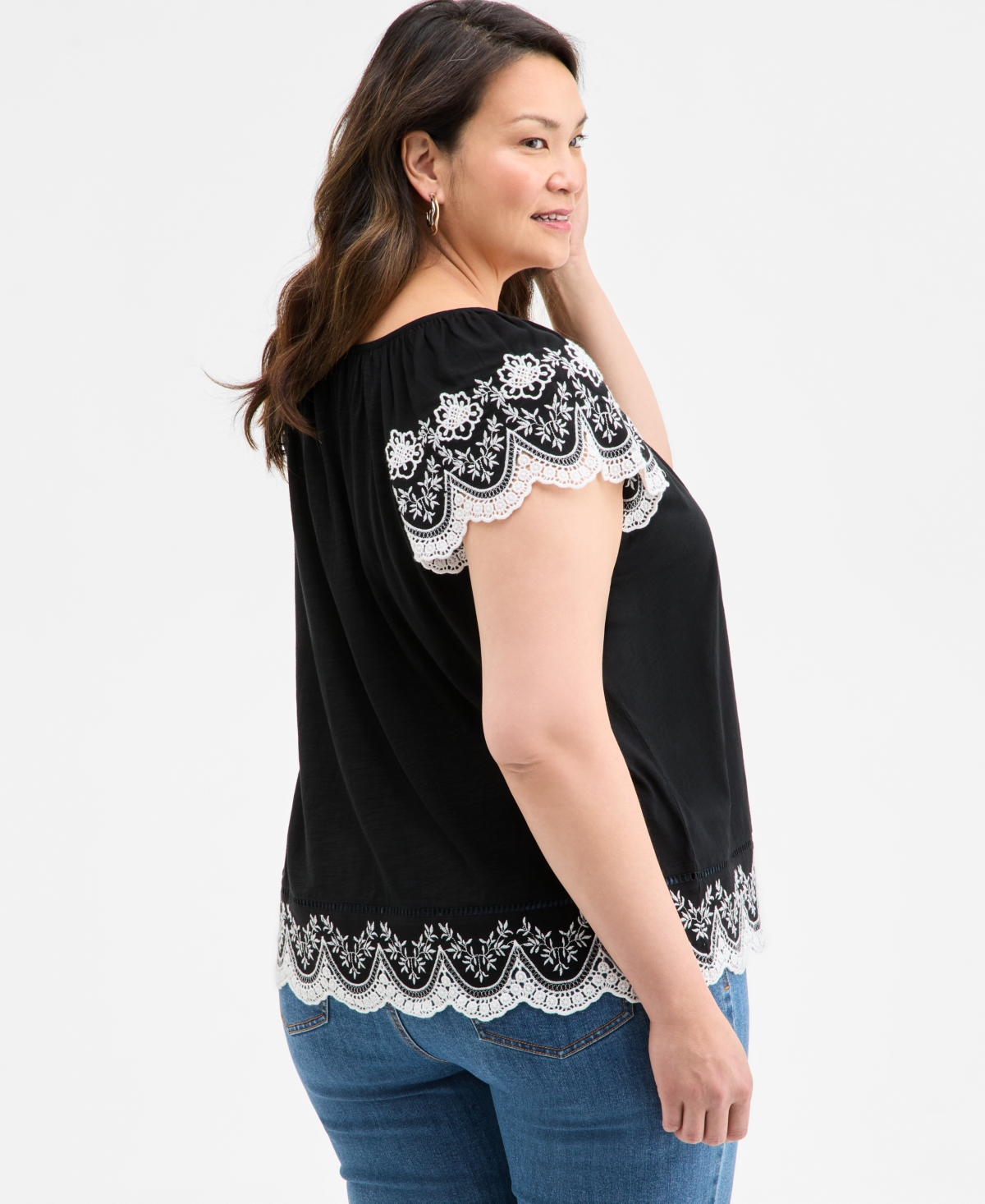 Style & Co Plus Size Scalloped-hem Flutter-sleeve Top, Exclusively At Macy's In Flutter Black