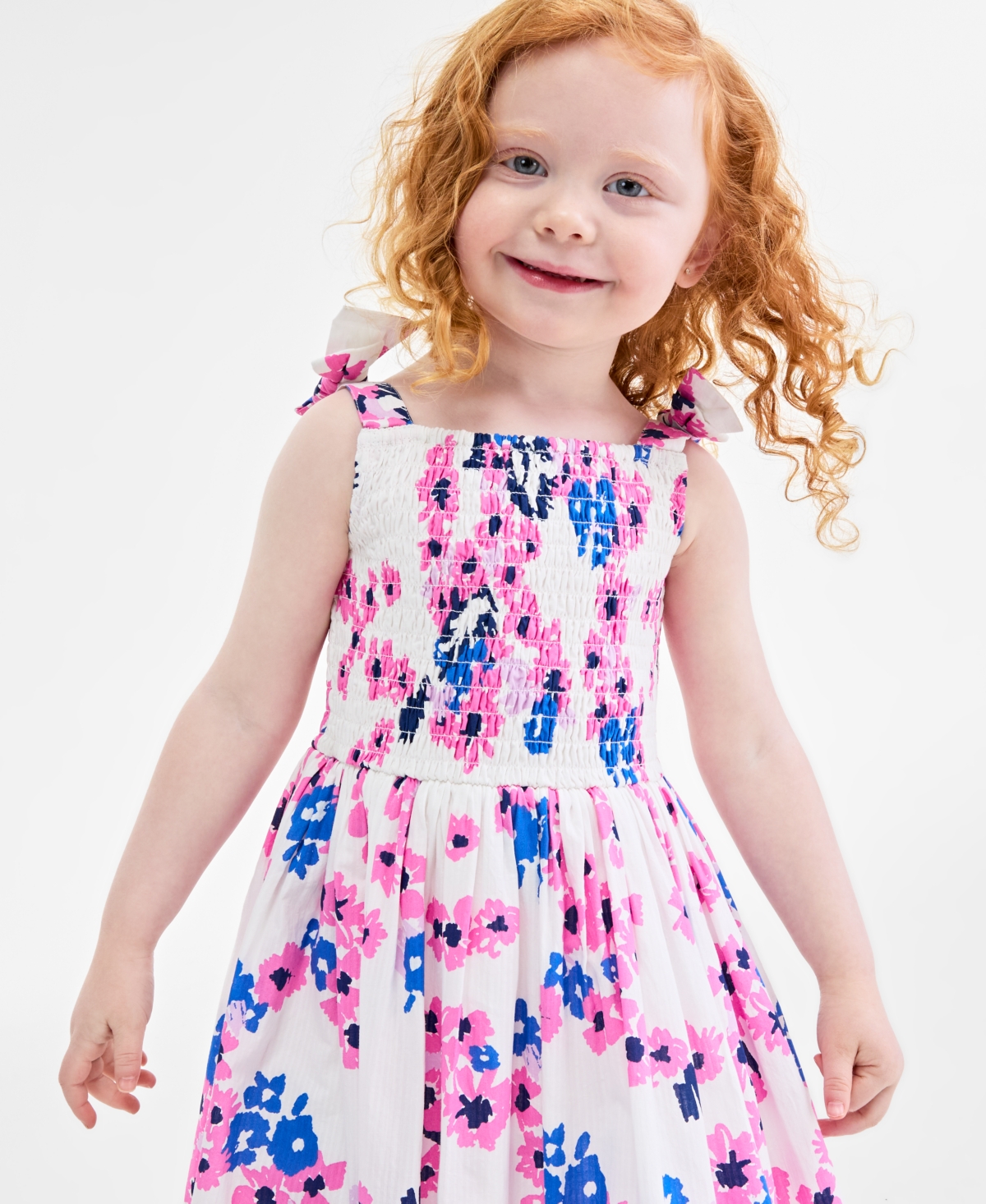 On 34th Little & Big Girls Mommy & Me Woven Cotton Sketched Bouquet-print Tie-strap Smocked Dress, Exclusive In Washed White