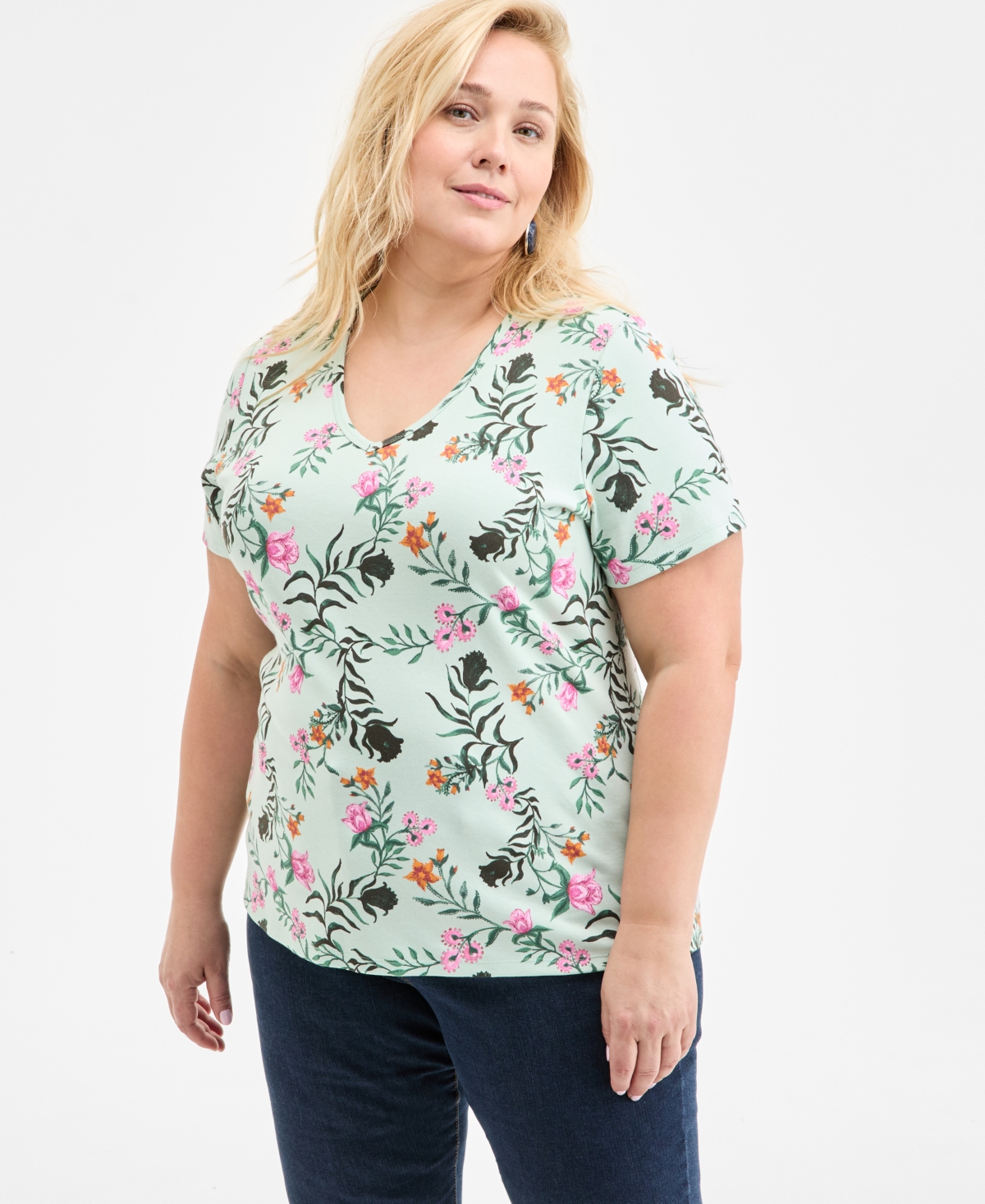 Plus Size Printed V-Neck Tee, Exclusively at Macy's - Floating Mint