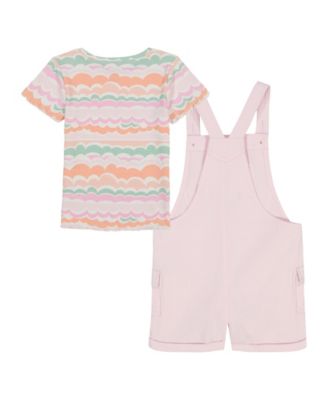 Toddler and Little Girls 2-Piece Printed Rib T-Shirt and Twill Shortall Set