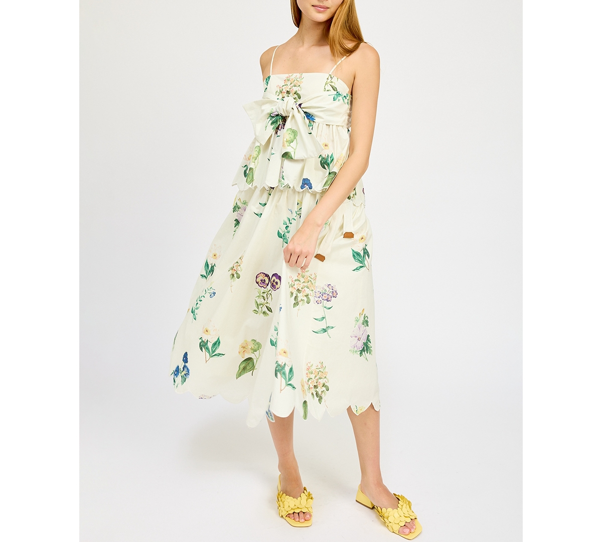Women's Ashley Floral-Print Belted Scalloped-Hem Cotton Midi Skirt - Ivory Multi