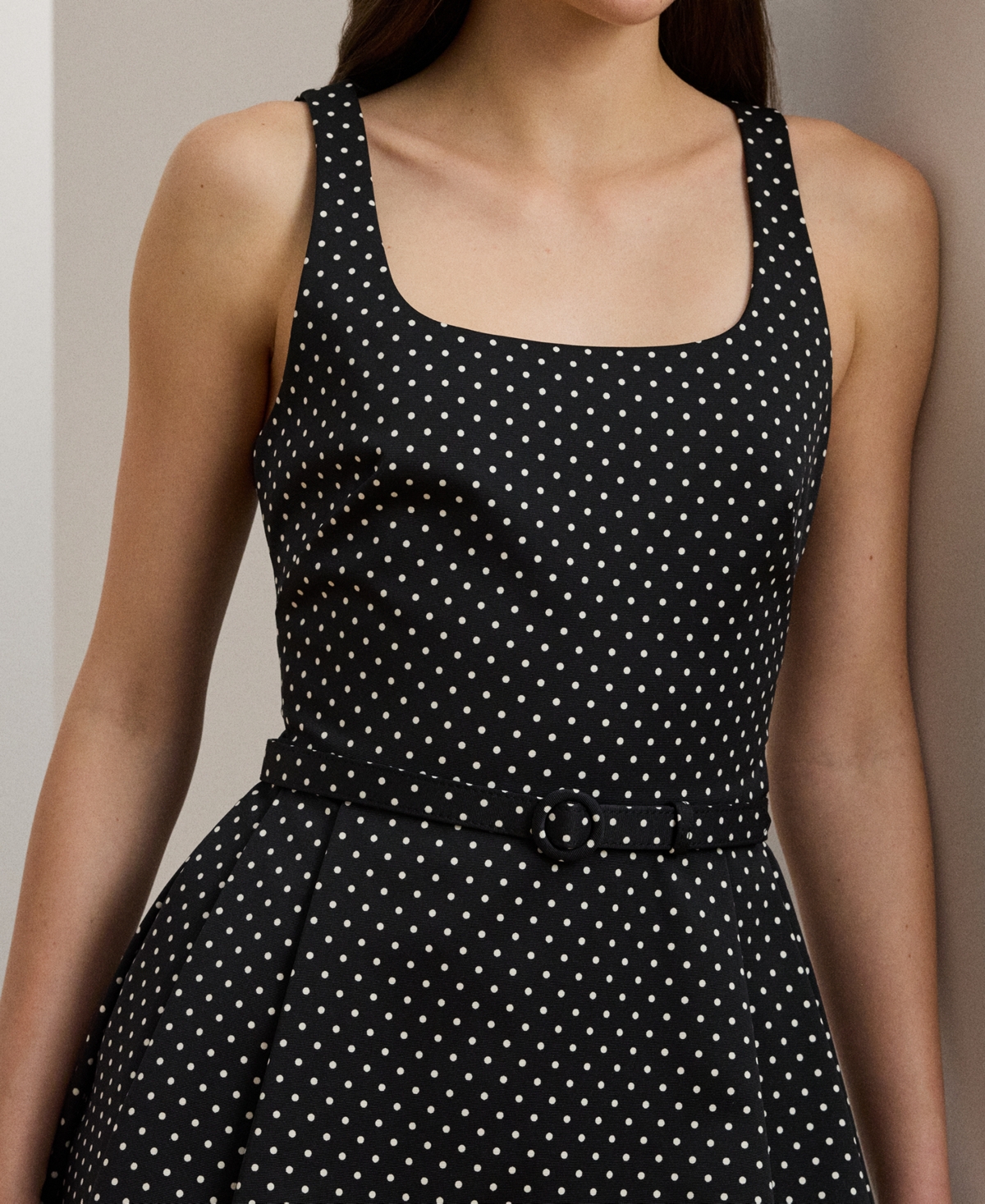 Ralph Lauren Polka-dot Belted Faille Cocktail Dress In Black,cream