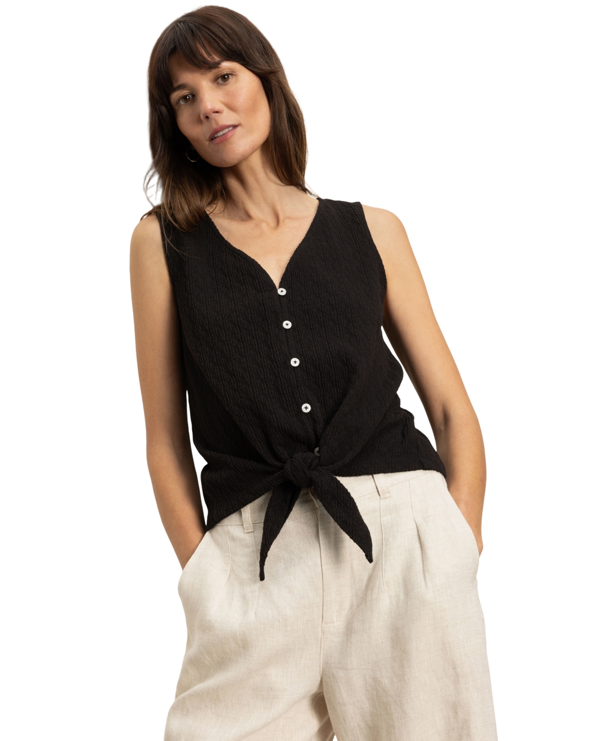 Sanctuary Vacation Textured Tie Front Button-up Tank In Black