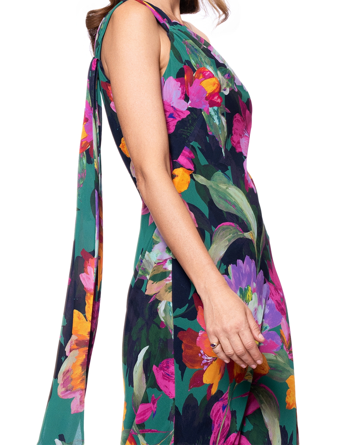 Xscape Petite One-shoulder Chiffon Fit & Flare Gown In Green Multi