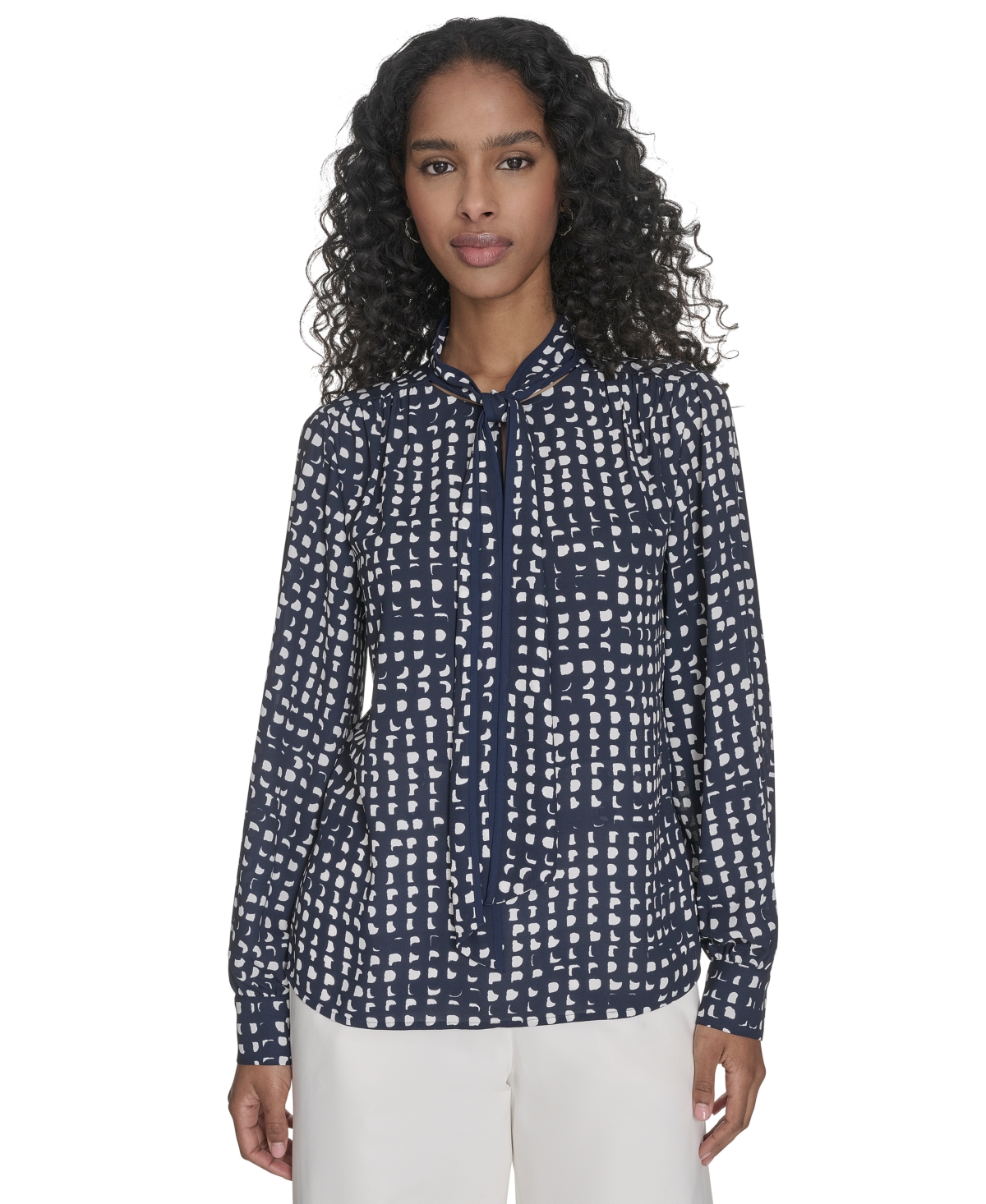 Calvin Klein Women's Printed Tie-neck Blouse In Navy,cream