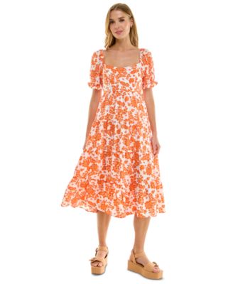 Juniors' Floral-Print Bow-Back Puff-Sleeve Woven Midi Dress