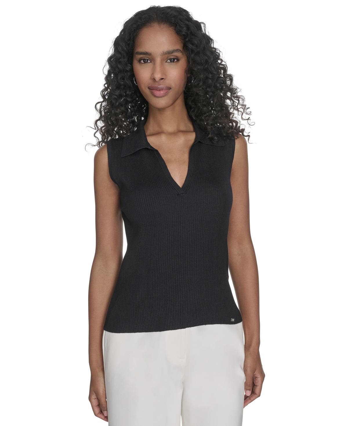 Calvin Klein Women's Johnny-collar Sleeveless Sweater In Navy