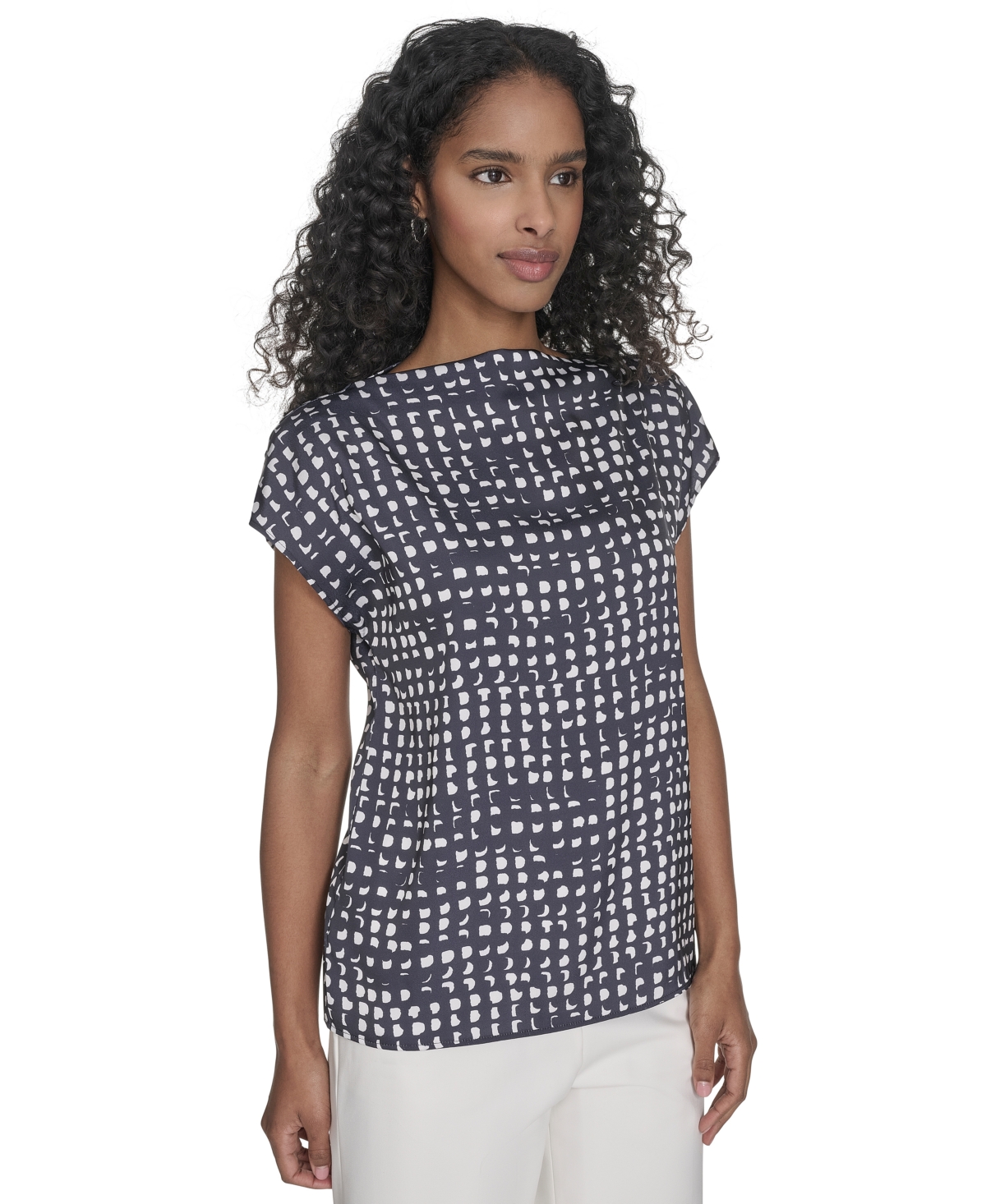 Calvin Klein Women's Printed Mock-neck Top In Navy,cream