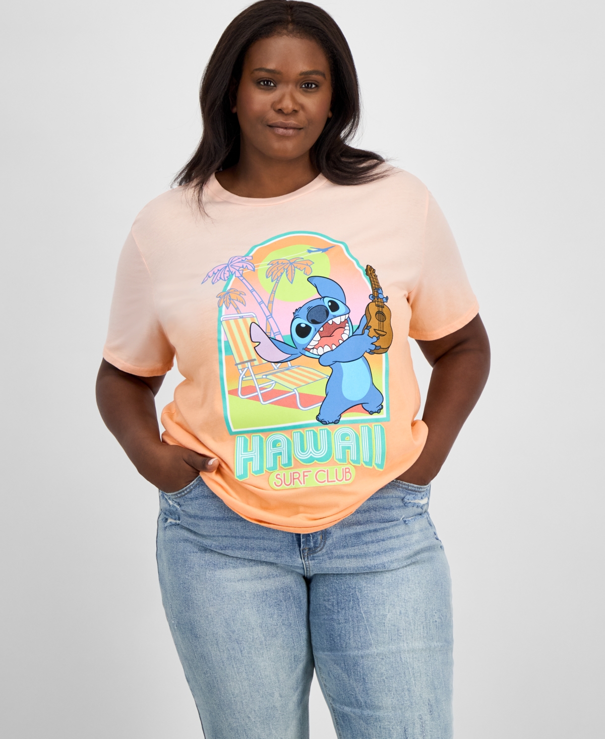 Trendy Plus Size Crewneck Stitch Surf Graphic - Peach Parfait