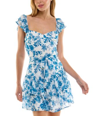 Crystal Doll - Juniors' Floral-Print Tie-Front Flutter-Sleeve Tiered-Hem Dress