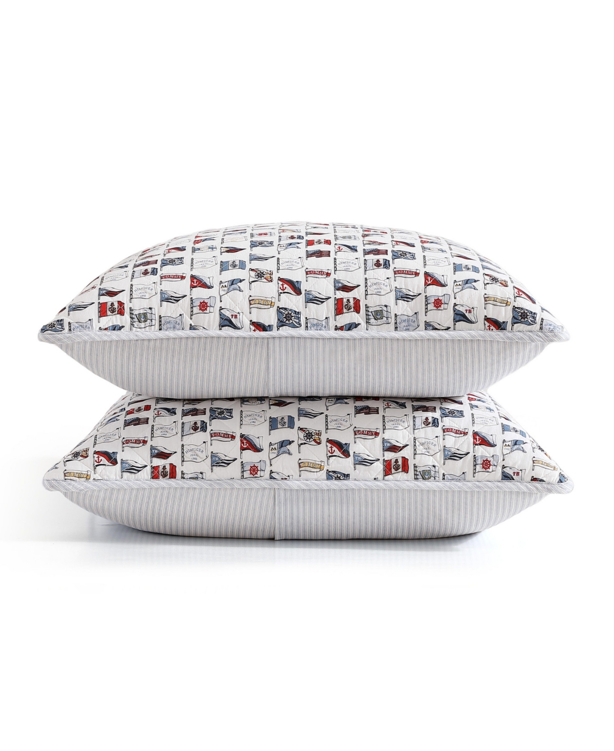 Tommy Hilfiger 136 Thread Count Boating Flags Cotton Reversible Quilt Set In White,pale Blue,red