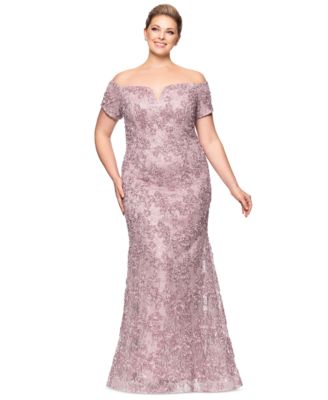 XSCAPE - Plus Size Short-Sleeve Lace Off-The-Shoulder Gown