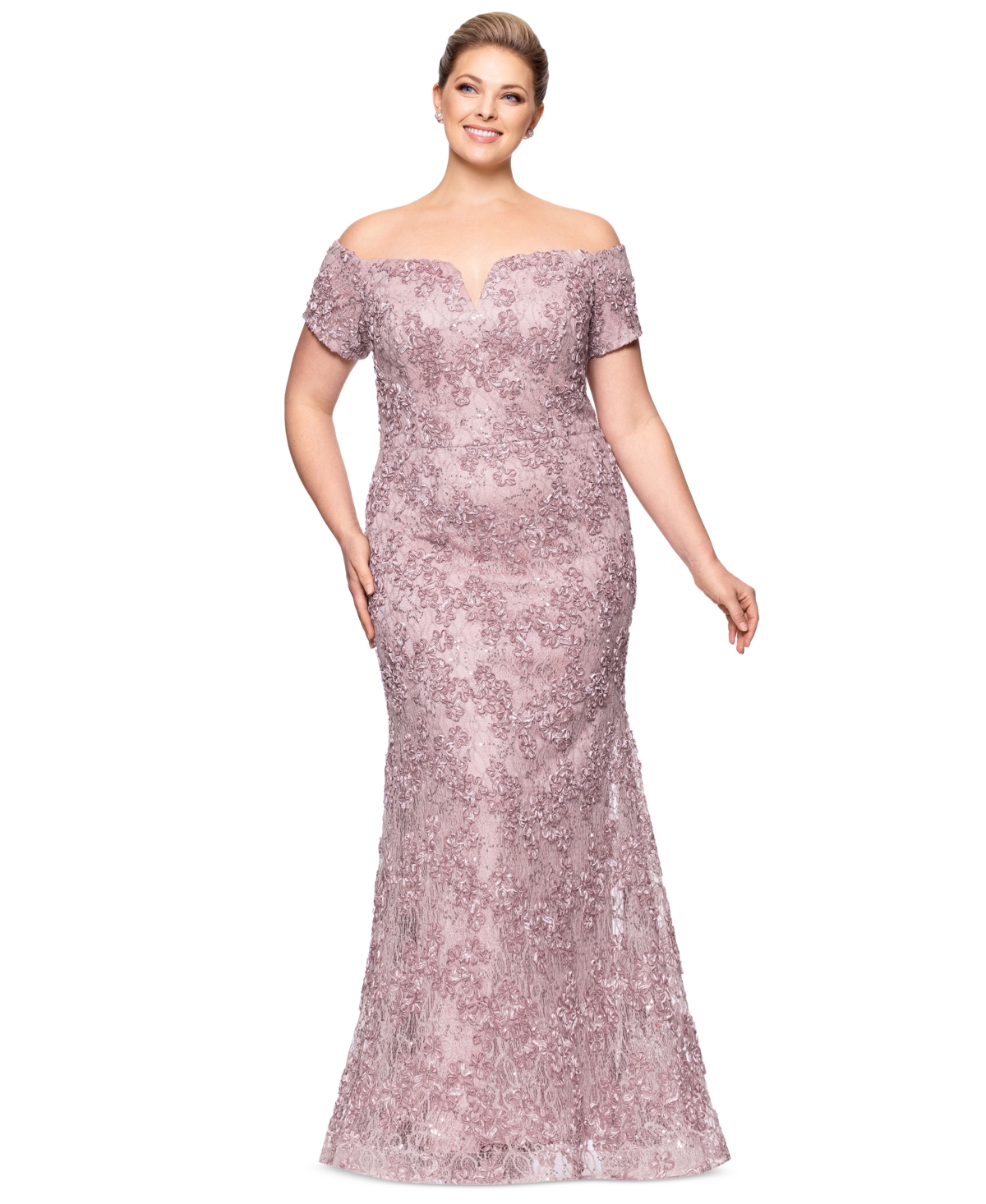 Plus Size Short-Sleeve Lace Off-The-Shoulder Gown - Gold/Pink