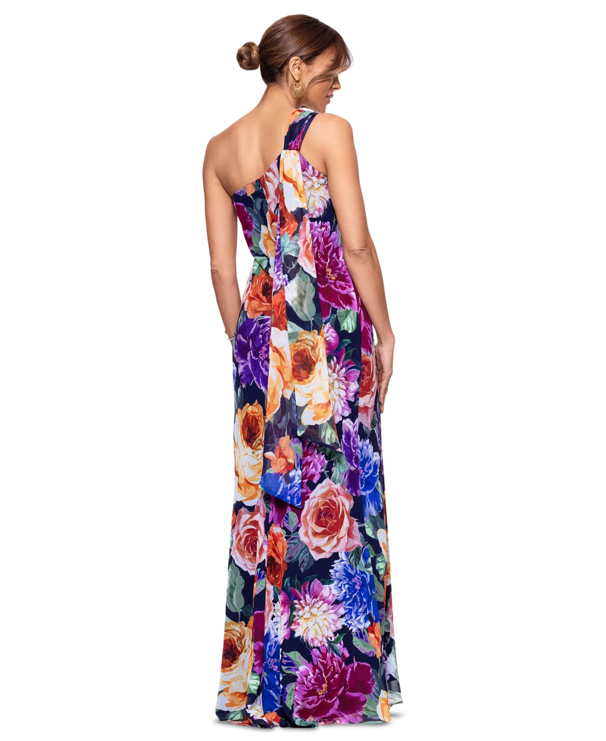 Xscape Women's One-shoulder Floral Chiffon Dress In Navy Multi