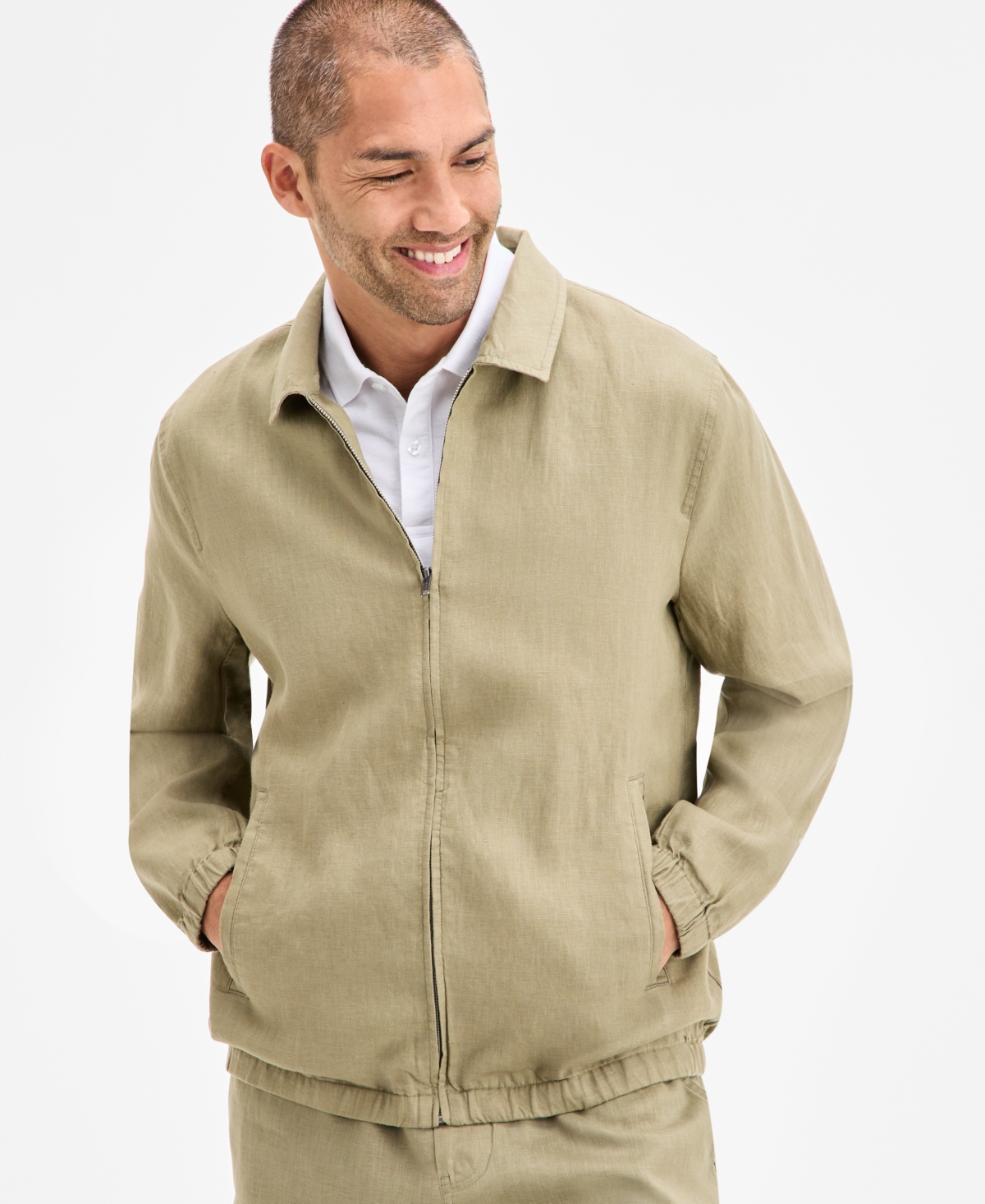 Men's Linen Zip-Front Bomber Jacket, Exclusively at Macy's - Olive Tint