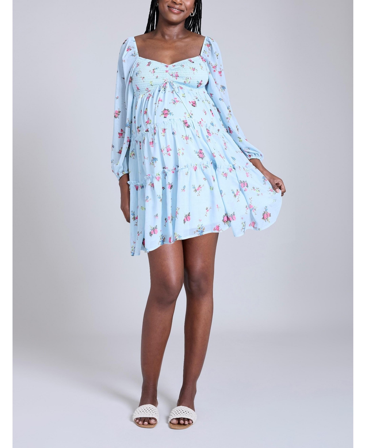 Maternity Long Sleeve Front Tie Tiered Mini Dress - Motherhood - Skyway ditsy floral